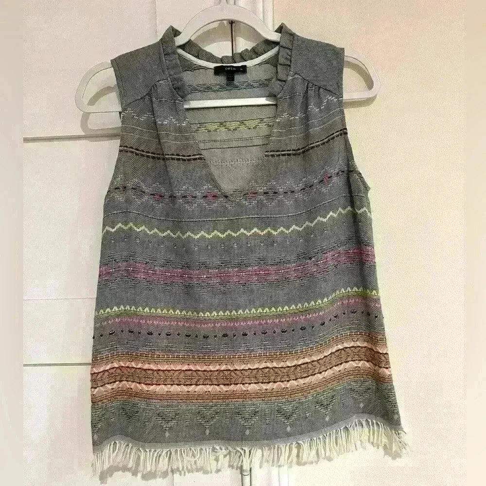 Drew Blue Aztec Print Top with Fringe Bottom- Size Small- EUC